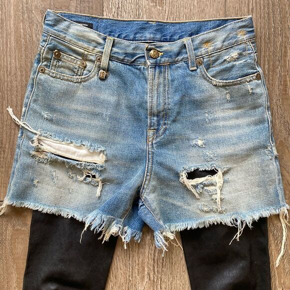 R13 Denim Dylan Shredded Jean Short Chaps Attached Layered Black Leather Legging - Picture 2 of 8